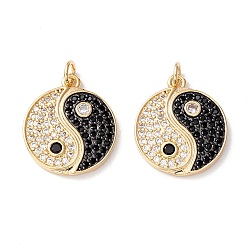 Real 18K Gold Plated Rack Plating Brass Micro Pave Clear & Black Cubic Zirconia Pendants, Long-Lasting Plated, Cadmium Free & Lead Free, Flat Round with Yin Yang, Real 18K Gold Plated, 20.5x18x2.5mm, Hole: 3.6mm