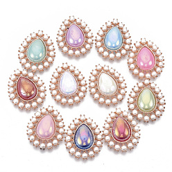 Mixed Color Alloy Flat Back Cabochons, with ABS Plastic Imitation Pearl Beads, AB Color Plated, Rose Gold, Teardrop, Mixed Color, 32x26x8~9mm