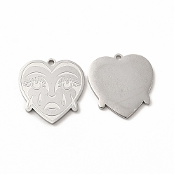 Stainless Steel Color 304 Stainless Steel Pendants, Crying Face Heart Charms, Stainless Steel Color, 20x19x1.4mm, Hole: 1.5mm