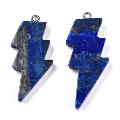 Lapis Lazuli Naturelles lapis-lazuli pendentifs, charme d'éclair, avec teinte inox 304 boucles inox, 40~44.5x17~20x4.5~6mm, Trou: 2mm