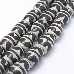 Wave Pattern Natural Agate Tibetan Style Double Tiger dZi Beads Strands, Dyed & Heated, Barrel, Black, 19~24x14~17mm, Hole: 2mm, about 15pcs/strand, 13.6 inch
