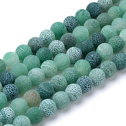Green Natural & Dyed Crackle Agate Bead Strands, Frosted Style, Round, Green, 6mm, Hole: 1mm, about 63pcs/strand, 15.5 inch