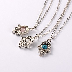 Mixed Stone Tibetan Style Gemstone Palm Pendant Necklaces, with Brass Chains and Spring Ring Clasps, Antique Silver, Natural & Synthetic Mixed Stone, 18 inch