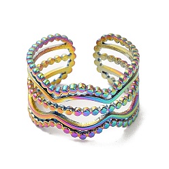 Rainbow Color Ion Plating(IP) 304 Stainless Steel Wave Open Cuff Ring for Women, Rainbow Color, US Size 7 1/4(17.5mm)