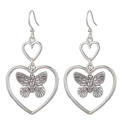 Butterfly Heart Alloy Dangle Earrings, Brass Earring for Women, Butterfly, 58x29.5mm
