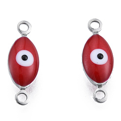 Dark Red 304 Stainless Steel Enamel Connector Charms, Stainless Steel Color, Horse Eye, Dark Red, 14.5x5x3mm, Hole: 1.2mm