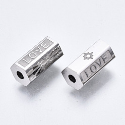 Stainless Steel Color 304 Stainless Steel Beads, Hexagonal Prism with Word Love, Stainless Steel Color, 11.5x6.5x6mm, Hole: 2mm