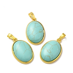 Synthetic Turquoise Synthetic Turquoise Dyed Pendants, Oval Charms, with Rack Plating Golden Plated Brass Findings, Lead Free & Cadmium Free, 31x20x7.5~8mm, Hole: 7x5mm