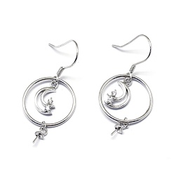 Platinum Rhodium Plated 925 Sterling Silver Dangle Earring Findings, with Cubic Zirconia, For Half Drilled Beads, Moon, Clear, Platinum, 37x16mm, 24 Gauge, Pin: 0.5mm