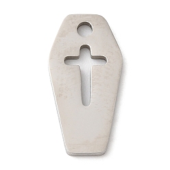Couleur Acier Inoxydable Halloween 201 pendentifs en acier inoxydable, cercueil avec breloque croix, couleur inox, 15x7.5x1mm, Trou: 1.5mm