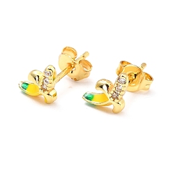Real 18K Gold Plated Banana Brass Micro Pave Clear Cubic Zirconia Stud Earrings, Enamel, Long-Lasting Plated, Real 18K Gold Plated, 8.7x5.5mm, Pin: 0.9mm