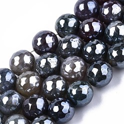 Gray Natural Agate Beads Strands, Pearl Luster Plated, Faceted, Round, Gray, 9~10mm, Hole: 1mm, about 37pcs/strand, 14.17 inch~14.57 inch(36~37cm)