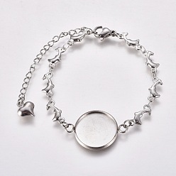 Stainless Steel Color 304 Stainless Steel Bracelet Making, with Lobster Claw Clasps, Dolphin Link Chains and Flat Round Cabochon Settings, Stainless Steel Color, Tray: 16mm, 5-7/8 inch(14.8cm)