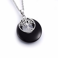 Black Agate Natural Black Agate Pendant Necklaces, with 304 Stainless Steel Findings, Flat Round with Tree, 19.68 inch(50cm), Pendant: 40x28x6mm