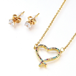 Golden Brass Cubic Zirconia Pendant Necklaces & Stud Earrings Jeweley Sets, with 304 Stainless Steel Cable Chains, Lobster Claw Clasps and Ear Nuts, Heart, Colorful, Golden, 17.51 inch(44.5cm), 5mm, Pin: 0.7mm