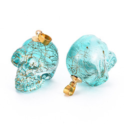 Pale Turquoise Electroplate K9 Glass Pendants, with Golden Plated Brass Bails, Drawbench, Skull, Halloween, Pale Turquoise, 25x26~27x19mm, Hole: 5x3mm