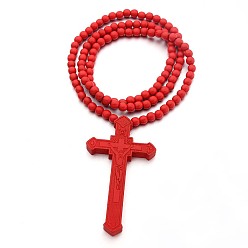 Красный Ожерелье с деревянным крестом и круглыми цепочками из бисера для мужчин и женщин, красные, 35.43 дюйм (90 см)