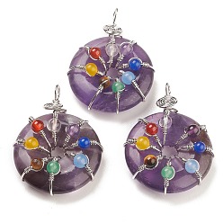 Amethyst Natural Amethyst Pendants, with Platinum Brass Findings, Donut/Pi Disc with Beaded Charms, 41~42x31x11.5~12.5mm, Hole: 5~5.5x3mm
