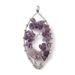 Amethyst Leaf Natural Amethyst Copper Wire Wrapped Chip Big Pendants, Tree of Life Charm, with Platinum Tone Iron Findings, 68x30x8mm, Hole: 6.2mm