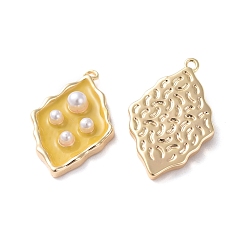 Yellow Enamel Pendants, with Brass Findings and Acrylic Pearl, Real 18K Gold Plated, Rhombus, Yellow, 19.5x12.3x4mm, Hole: 1mm