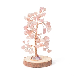 Cuarzo Rosa Chips de cuarzo rosa natural con árbol de dinero de alambre envuelto en latón en decoraciones de exhibición de base de madera, para la decoración de la oficina en casa buena suerte, 51.5~75x115 mm