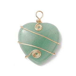Green Aventurine Natural Green Aventurine Copper Wire Wrapped Pendants, Heart Charms, Light Gold, 37.5~39x31~31.5x9~9.5mm, Hole: 4.5mm
