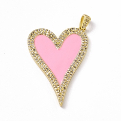 Pink Micro cuivres ouvrent pendentifs zircone cubique, Style émail, charme coeur, or, rose, 44.5x28.5x2.5mm, Trou: 5x2.5mm