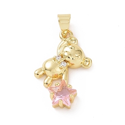 Pink Brass Micro Pave Cubic Zirconia Pendants, Bear with Star Charm, Golden, Pink, 27x15x4.5mm, Hole: 5x4mm