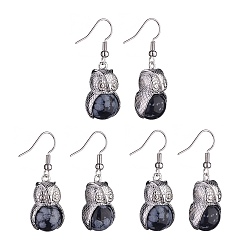 Snowflake Obsidian Natural Snowflake Obsidian Owl Dangle Earrings, Platinum Brass Jewelry for Women, 41mm, Pin: 0.6mm
