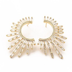 Clear Cubic Zirconia Sun Stud Earrings, Real 18K Gold Plated Brass Asymmetrical Earrings for Women, Cadmium Free & Lead Free, Clear, 47x30mm, Pin: 0.7mm