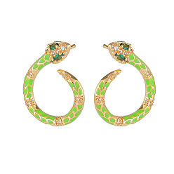 Lawn Green Cubic Zirconia Snake Stud Earrings with Enamel, Golden Plated Brass Jewelry for Women, Lawn Green, 20.5x17mm