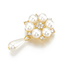 Oro Aleación de diamantes de imitación cabujones de espalda plana, con abs de plástico imitación perla, flor con gota, dorado, 47 mm, flor: 28x24x8.5 mm, lágrima: 22x8 mm