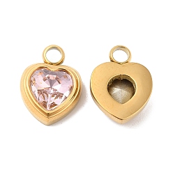 Misty Rose Ion Plating(IP) 304 Glass Charms, with Glass, Heart, Real 14K Gold Plated, Misty Rose, 16x12x6mm, Hole: 3mm