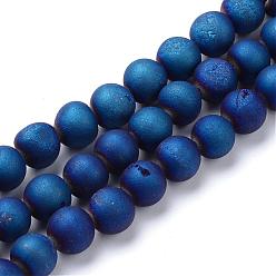 Blue Plated Electroplated Natural Druzy Geode Agate Bead Strands, Matte Style, Round, Blue Plated, 8~9mm, Hole: 1mm, about 46pcs/strand, 14.7 inch
