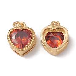 Orange Red Rack Plating Brass with Cubic Zirconia Charms, Heart, Cadmium Free & Lead Free, Long-Lasting Plated, with Jump Ring, Real 18K Gold Plated, Orange Red, 13x10x5mm, Hole: 0.9mm