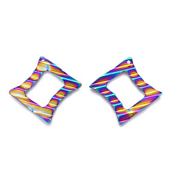 Rainbow Color Ion Plating(IP) 304 Stainless Steel Pendants, Rhombus Charm, Rainbow Color, 38.5x38.5x2mm, Hole: 1.6mm, Side Length: 28mm