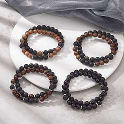 Mixed Color 2Pcs 2 Style Natural Wood & Lava Rock Round Beaded Stretch Bracelets Set for Women, Mixed Color, Inner Diameter: 2-1/4 inch(5.7cm), 1Pc/style