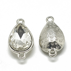 Clear Alloy Glass Links connectors, Faceted, teardrop, Platinum, Clear, 17x9x5mm, Hole: 1.5mm