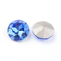 Sapphire Pointed Back & Back Plated Glass Rhinestone Cabochons, Grade A, Faceted, Flat Round, Sapphire, 8x4.5mm