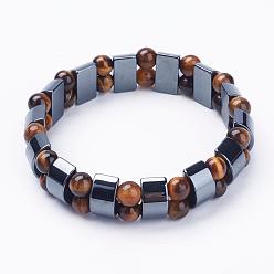 Tiger Eye Non-Magnetic Synthetic Hematite Stretch Bracelets, with Tiger Eye Beads, 2-1/4 inch(57mm)