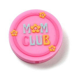 Hot Pink Flat Round with Word Mom Club Silicone Focal Beads, Chewing Beads For Teethers, DIY Nursing Necklaces Making, Hot Pink, 27.5x6.5mm, Hole: 3mm