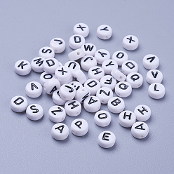 White Acrylic Horizontal Hole Letter Beads, Random Mixed Letters, Flat Round, White, 7x4mm, Hole: 1.8mm, about 3500pcs/Bag