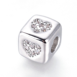 Platinum Brass Beads, with Micro Pave Cubic Zirconia, Cube with Heart, Clear, Platinum, 6x6x6mm, Hole: 3mm