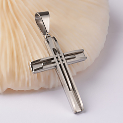 Stainless Steel Color 304 Stainless Steel Cross Big Pendants, Stainless Steel Color, 62x42x6mm, Hole: 11x6mm