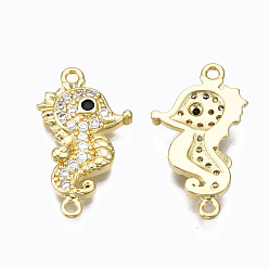 Clear Brass Micro Pave Cubic Zirconia Links Connectors, Nickel Free, Real 16K Gold Plated, Sea Horse, Clear, 23.5x13x3mm, Hole: 1.4mm