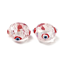 Red Transparent Glass European Beads, Large Hole Beads, with Enamel, Faceted, Rondelle with Evil Eye Pattern, Red, 14x8mm, Hole: 6mm