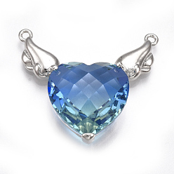 Blue K9 Glass Pendants, with Brass Findings, Faceted, Heart with Wing, Platinum, Blue, 26~27x29~30x9mm, Hole: 1.5mm