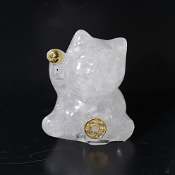Cristal de cuarzo Decoraciones de exhibición artesanales de resina y chips de cristal de cuarzo natural, figura de gato de la suerte, para el hogar adorno de feng shui, 63x55x45 mm