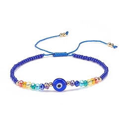 Blue Lampwork Evil Eye & Glass Beaded Bracelet, Braided Adjustable Bracelet for Women, Blue, Inner Diameter: 2-1/2~3-7/8 inch(6.2~9.7cm)