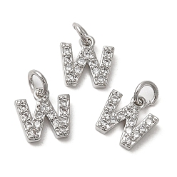Real Platinum Plated Brass Micro Pave Grade AAA Cubic Zirconia Charms, Letter W, Cadmium Free & Nickel Free & Lead Free, Real Platinum Plated, 8.5x8x1.5mm, Hole: 2mm